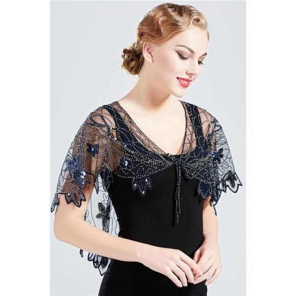 Shawl Wraps Sequin Beaded Cape Navy Blue